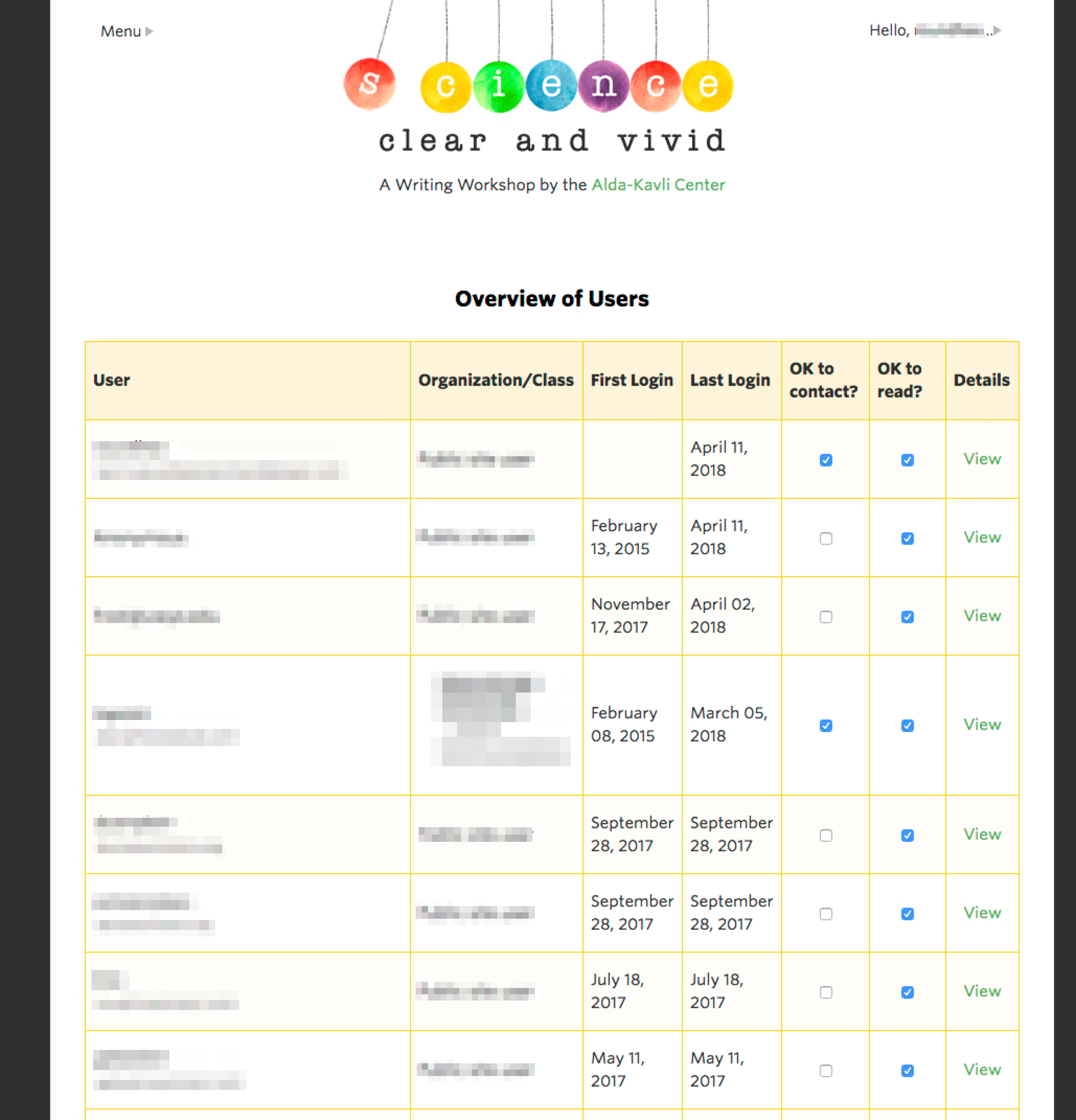Teacher/Admin interface to track students/users.