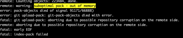 Screenshot of "suboptimal pack - out of memory" warning